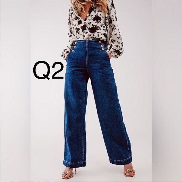 ❤️LAST ONE! BRAND NEW Q2 Medium Wash Denim Button Front Sailor Jeans - Picture 1 of 11